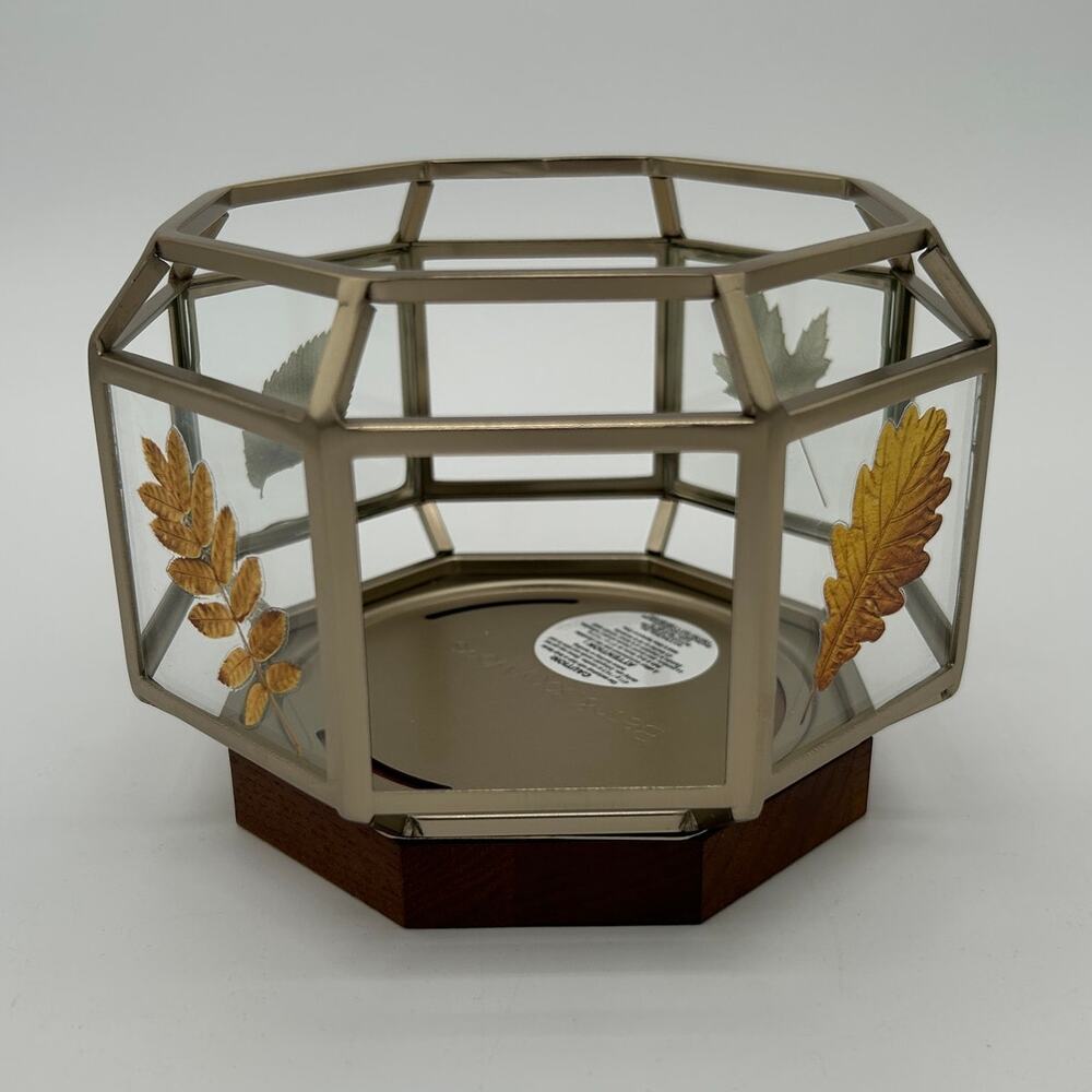 Bath & Body Works Gold Leaves Wood Base 3 Wick Candle Holder Sleeve